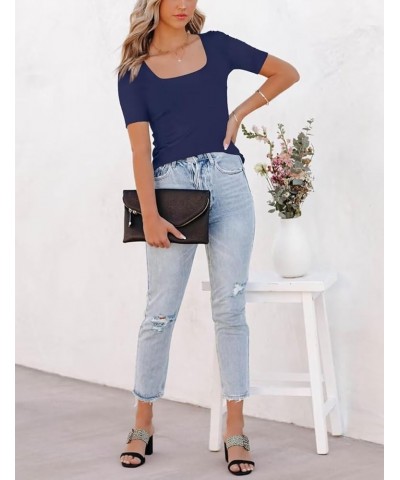 Women's 2024 Summer Short Sleeve Tops Square Neck Slim Fit T Shirts Casual Basic Tee Shirt Navy $13.56 Tops