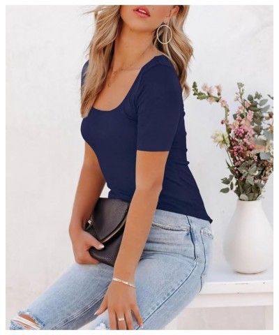 Women's 2024 Summer Short Sleeve Tops Square Neck Slim Fit T Shirts Casual Basic Tee Shirt Navy $13.56 Tops