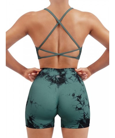 Women Seamless Workout Sets Strappy Sports Bra High Waist Booty Shorts Outfits Shorts Set 1 Deep Green Tie Dye $16.93 Activewear