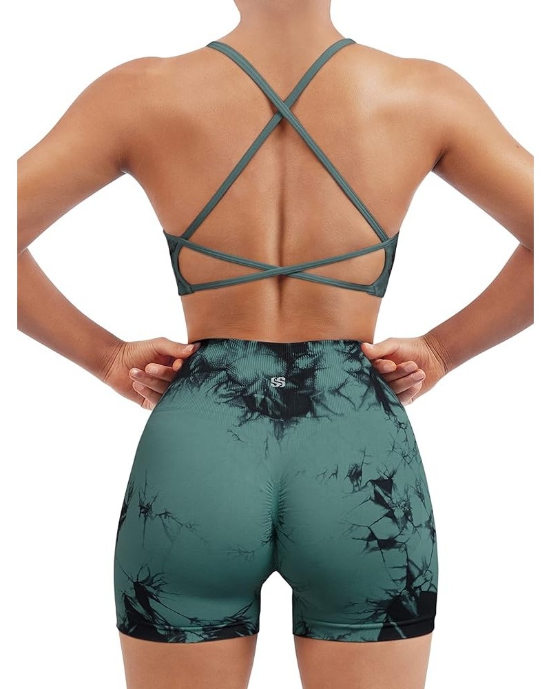 Women Seamless Workout Sets Strappy Sports Bra High Waist Booty Shorts Outfits Shorts Set 1 Deep Green Tie Dye $16.93 Activewear