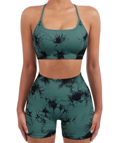 Women Seamless Workout Sets Strappy Sports Bra High Waist Booty Shorts Outfits Shorts Set 1 Deep Green Tie Dye $16.93 Activewear