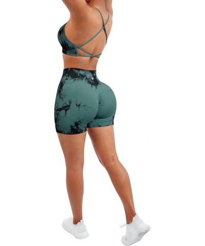 Women Seamless Workout Sets Strappy Sports Bra High Waist Booty Shorts Outfits Shorts Set 1 Deep Green Tie Dye $16.93 Activewear