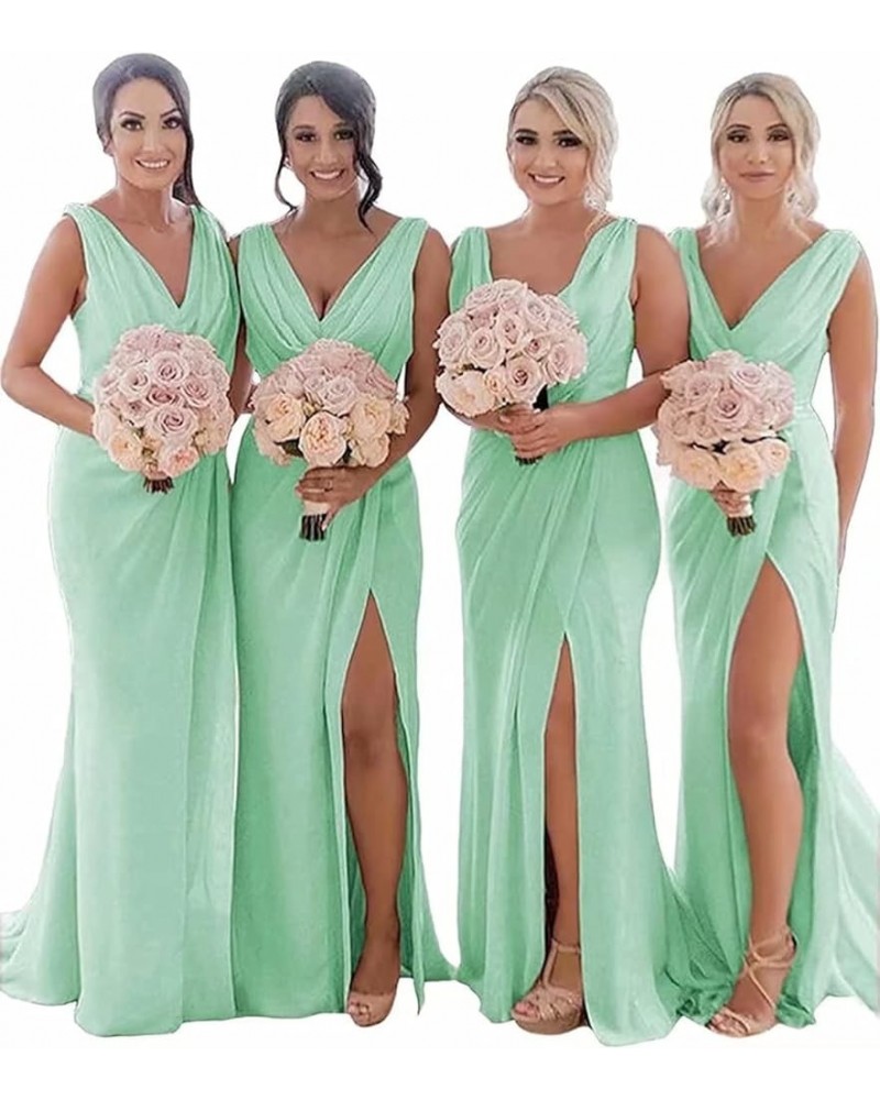 Women's V Neck Chiffon Bridesmaid Dresses for Wedding Long High Split Elegent Formal Gowns and Evening Dresses Mint $32.20 Dr...