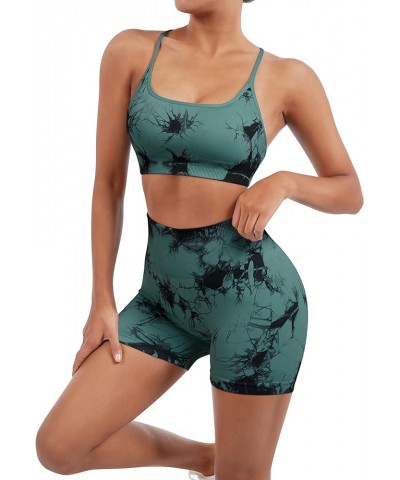 Women Seamless Workout Sets Strappy Sports Bra High Waist Booty Shorts Outfits Shorts Set 1 Deep Green Tie Dye $16.93 Activewear