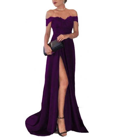 Off Shoulder V Neck Front Slit Long Lace Prom Formal Evening Party Dresses Purple $48.16 Dresses