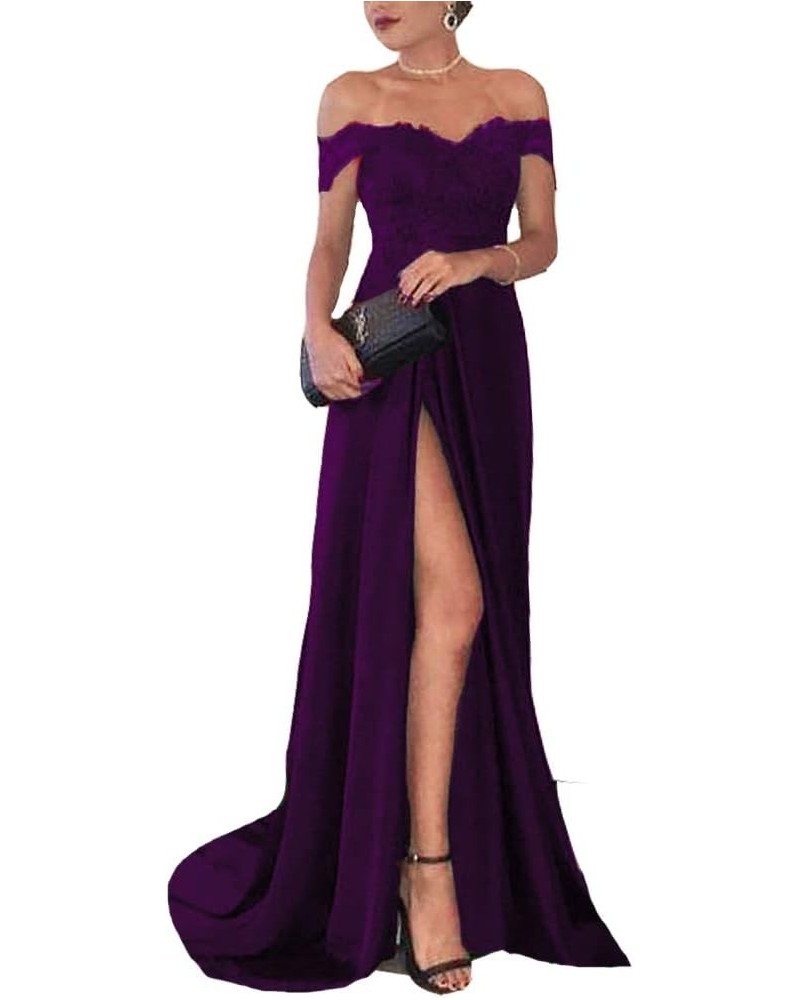 Off Shoulder V Neck Front Slit Long Lace Prom Formal Evening Party Dresses Purple $48.16 Dresses