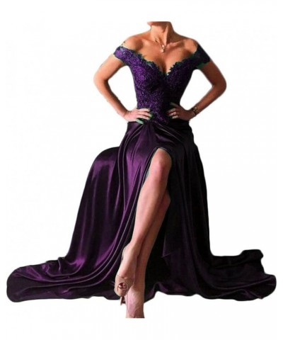 Off Shoulder V Neck Front Slit Long Lace Prom Formal Evening Party Dresses Purple $48.16 Dresses