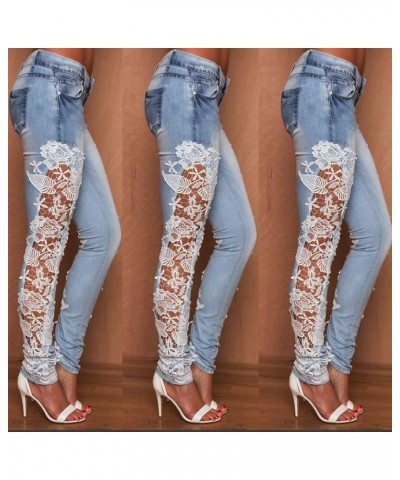 Womens Ripped Jeans, Y2K Style Slim Bell Bottoms Stretchy Black and Blue Baggy Floral Lace Print 07-white $13.24 Jeans