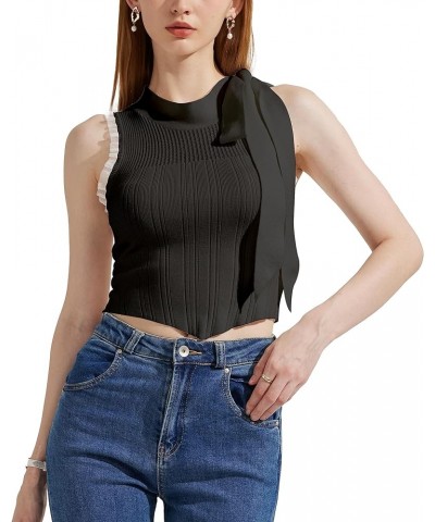 Women’s Sexy Lace Sleeveless Tank Tops Butterfly Round Neck Crop Knit Tops for Women Black $7.50 Tanks