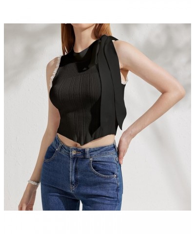 Women’s Sexy Lace Sleeveless Tank Tops Butterfly Round Neck Crop Knit Tops for Women Black $7.50 Tanks