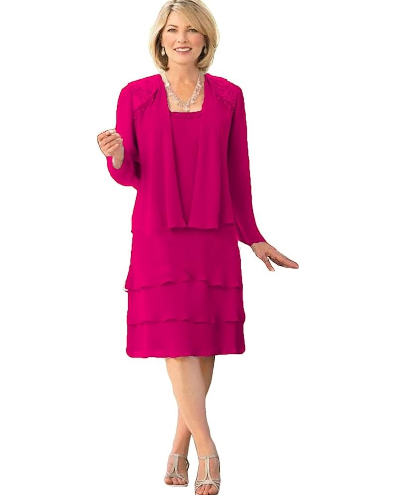 Women's Chiffon Knee-Length Mother of The Bride Dresses Layered Wedding Guest Gown with Jacket Fuchsia $38.22 Dresses