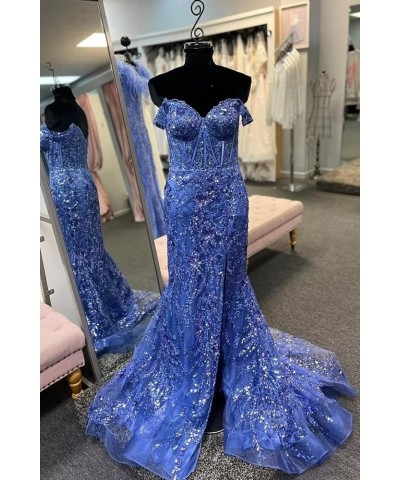 Off The Shoulder Mermaid Tulle Prom Dress with Slit Long Sequin Lace Formal Gown for Women Mustard Yellow $48.51 Dresses