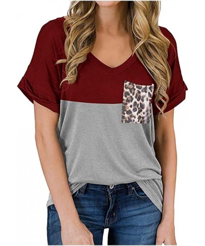 Women's V Neck Short Sleeve T Shirts Summer Basic Casual Loose Fit Rolled Sleeve Tops with Pocket Dred $7.30 T-Shirts