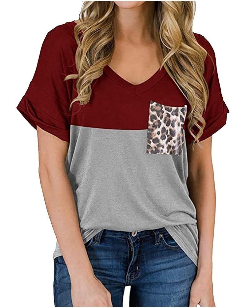 Women's V Neck Short Sleeve T Shirts Summer Basic Casual Loose Fit Rolled Sleeve Tops with Pocket Dred $7.30 T-Shirts