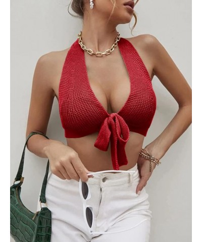 Women's Sexy Deep V Neck Crop Tops Halter Knit Ribbed Bow-Knot Front Backless Cleavage Cropped Tank Top Red $12.25 Tanks