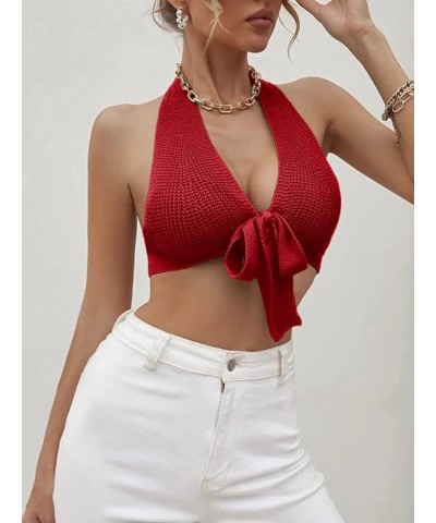 Women's Sexy Deep V Neck Crop Tops Halter Knit Ribbed Bow-Knot Front Backless Cleavage Cropped Tank Top Red $12.25 Tanks