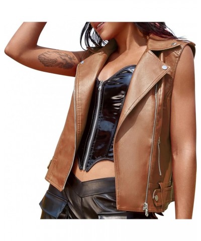 Faux Leather Jacket Vest for Women Sleeveless Motorcycle Zipper PU Moto Bike Coat Solid Slim Fit Outwear with Pockets Yellow ...