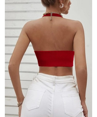 Women's Sexy Deep V Neck Crop Tops Halter Knit Ribbed Bow-Knot Front Backless Cleavage Cropped Tank Top Red $12.25 Tanks