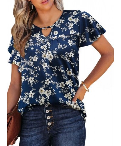 Womens Summer Tops Ruffle Short Sleeve Shirts Casual Loose Key Hole Pleated Tunic Blouses Floral1 $10.78 Blouses