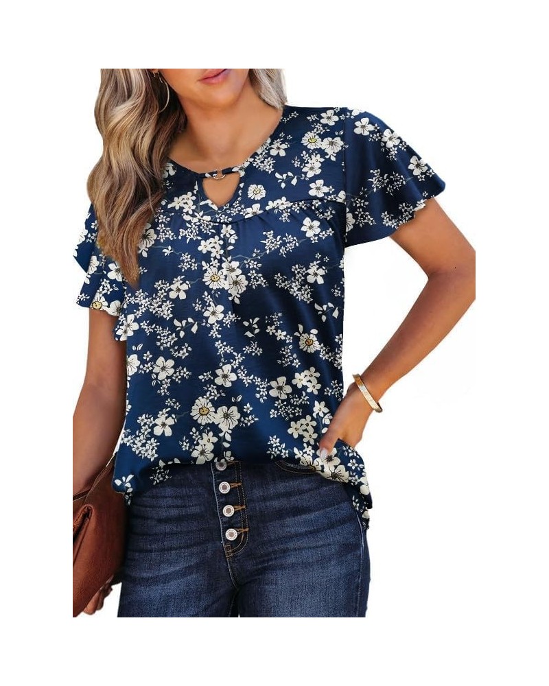 Womens Summer Tops Ruffle Short Sleeve Shirts Casual Loose Key Hole Pleated Tunic Blouses Floral1 $10.78 Blouses