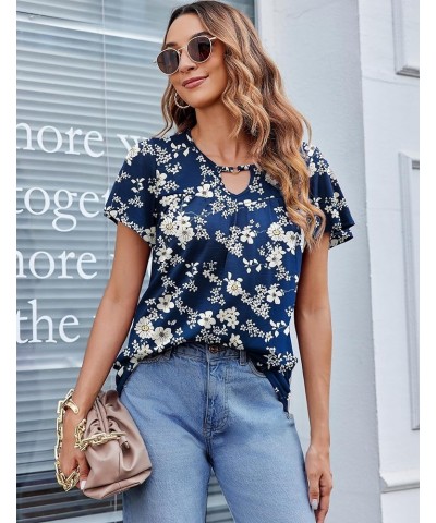 Womens Summer Tops Ruffle Short Sleeve Shirts Casual Loose Key Hole Pleated Tunic Blouses Floral1 $10.78 Blouses