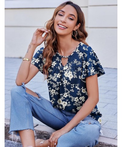 Womens Summer Tops Ruffle Short Sleeve Shirts Casual Loose Key Hole Pleated Tunic Blouses Floral1 $10.78 Blouses