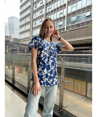 Womens Summer Tops Ruffle Short Sleeve Shirts Casual Loose Key Hole Pleated Tunic Blouses Floral1 $10.78 Blouses