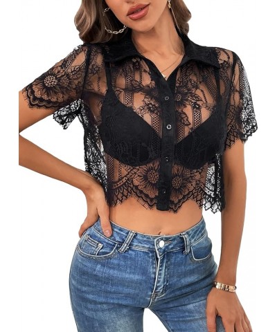 Women's Eyelash Lace Short Sleeve Crop Top Scallop Hem Button Front Shirt Black $13.33 Blouses