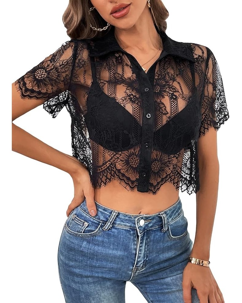 Women's Eyelash Lace Short Sleeve Crop Top Scallop Hem Button Front Shirt Black $13.33 Blouses