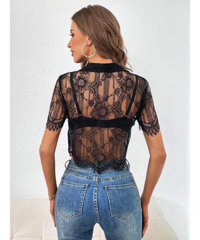 Women's Eyelash Lace Short Sleeve Crop Top Scallop Hem Button Front Shirt Black $13.33 Blouses