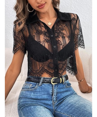 Women's Eyelash Lace Short Sleeve Crop Top Scallop Hem Button Front Shirt Black $13.33 Blouses