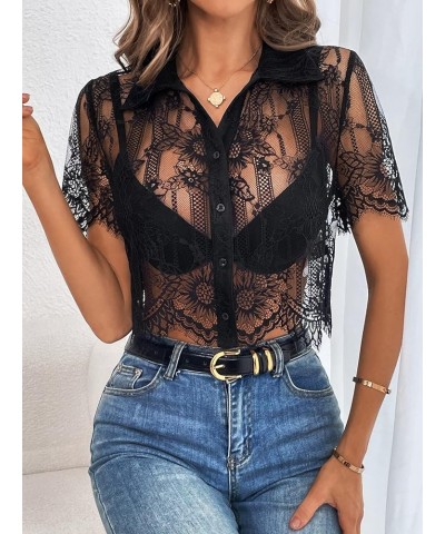 Women's Eyelash Lace Short Sleeve Crop Top Scallop Hem Button Front Shirt Black $13.33 Blouses