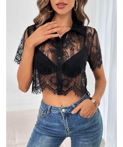 Women's Eyelash Lace Short Sleeve Crop Top Scallop Hem Button Front Shirt Black $13.33 Blouses