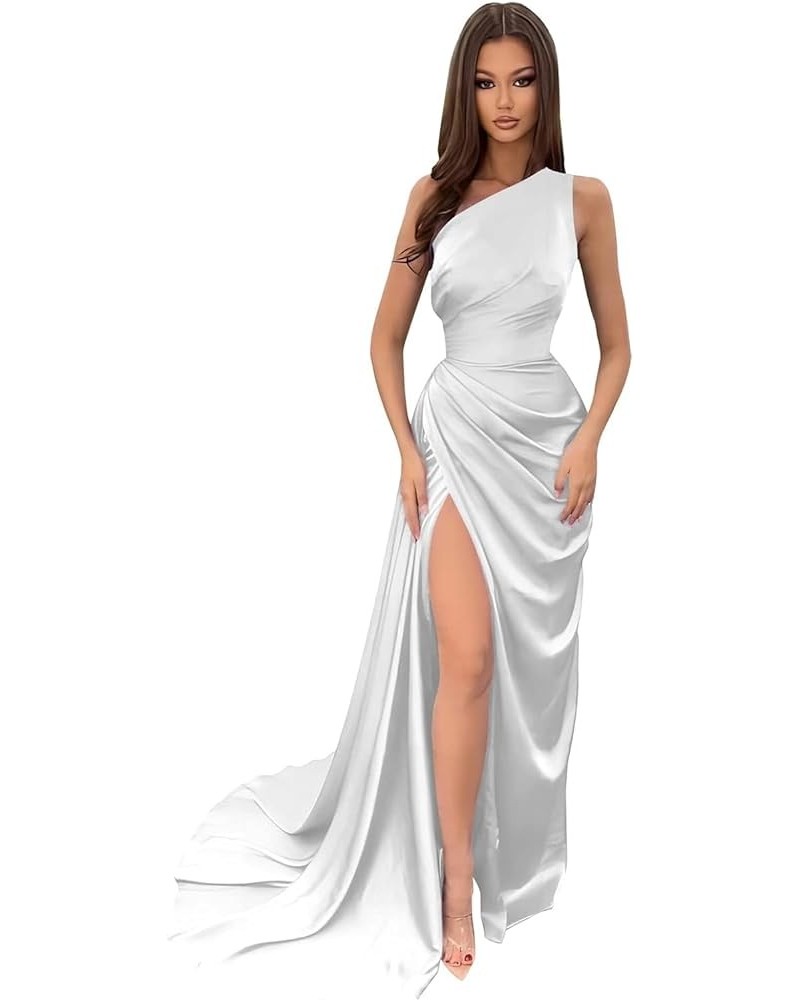 Women's One Shoulder Mermaid Prom Dress with Slit Satin Bridesmaid Dresses Long Ruched Formal Evening Gown Silver $34.07 Dresses