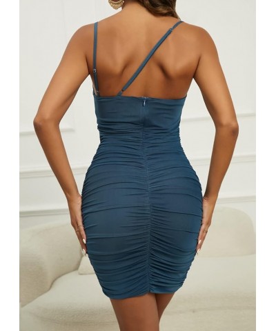 Women's Sexy One Shoulder Sleeveless Mesh Ruched Cocktail Party Midi Bodycon Dress Ap-blue $22.94 Dresses