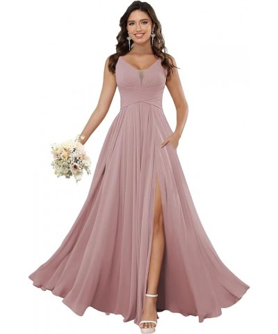 Women's V Neck Bridesmaid Dresses for Women Chiffon Ruched Formal Evening Dress with Silt PU119 Dusty Pink $34.10 Dresses