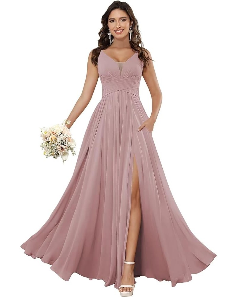 Women's V Neck Bridesmaid Dresses for Women Chiffon Ruched Formal Evening Dress with Silt PU119 Dusty Pink $34.10 Dresses