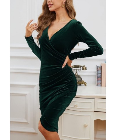 Women's Wrap V Neck Split Velvet Dress Long Sleeve Bodycon Ruched Cocktail Party Midi Dresses Green $24.40 Dresses