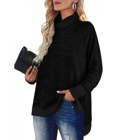 Women's Turtle Neck Sweatshirts High Low Hem Side Slit Aa Black $15.58 Hoodies & Sweatshirts