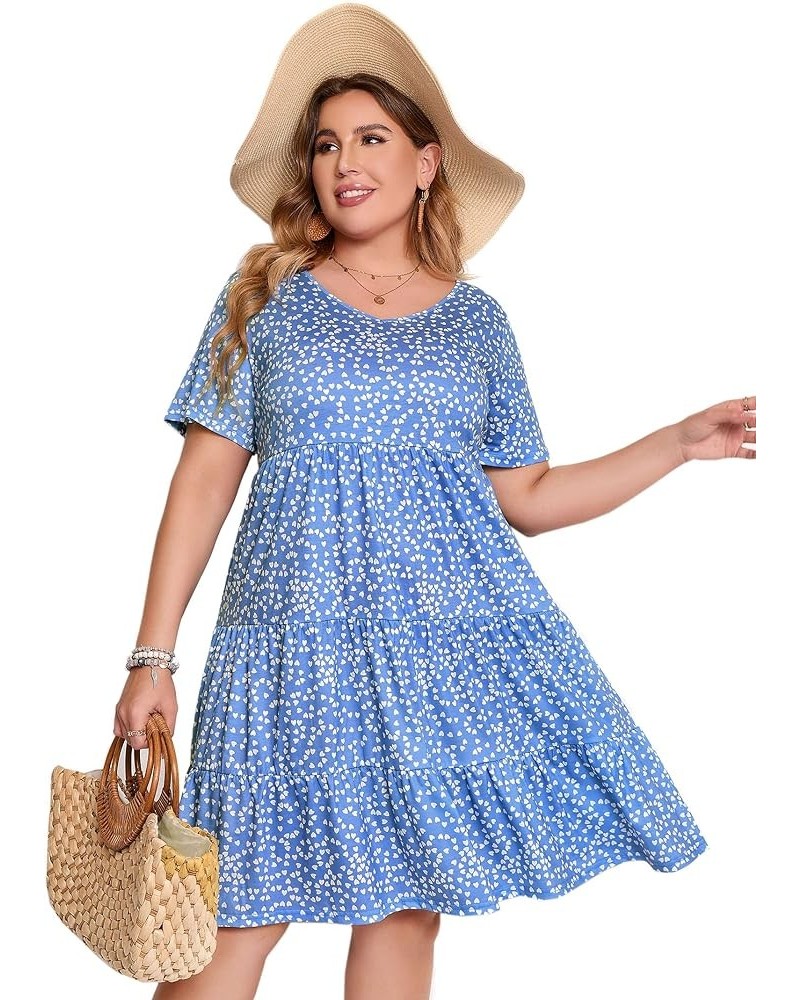 Women's Plus Size Casual Dress Lantern Sleeve Ruffle Hem V Neck Loose Swing Tunic Mini Dress Short-sky Blue Love $17.15 Dresses