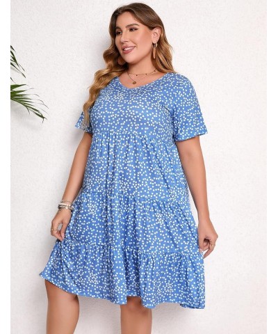 Women's Plus Size Casual Dress Lantern Sleeve Ruffle Hem V Neck Loose Swing Tunic Mini Dress Short-sky Blue Love $17.15 Dresses