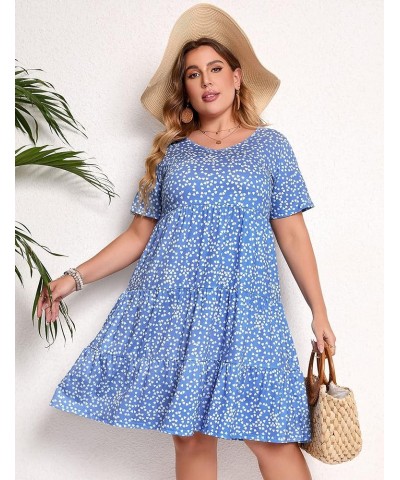 Women's Plus Size Casual Dress Lantern Sleeve Ruffle Hem V Neck Loose Swing Tunic Mini Dress Short-sky Blue Love $17.15 Dresses