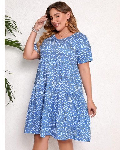 Women's Plus Size Casual Dress Lantern Sleeve Ruffle Hem V Neck Loose Swing Tunic Mini Dress Short-sky Blue Love $17.15 Dresses