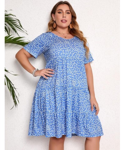 Women's Plus Size Casual Dress Lantern Sleeve Ruffle Hem V Neck Loose Swing Tunic Mini Dress Short-sky Blue Love $17.15 Dresses