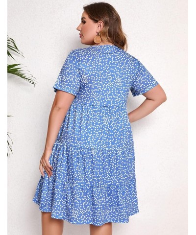 Women's Plus Size Casual Dress Lantern Sleeve Ruffle Hem V Neck Loose Swing Tunic Mini Dress Short-sky Blue Love $17.15 Dresses