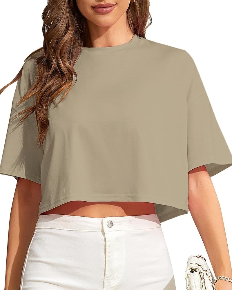 Womens Half Sleeve Drop Shoulder Round Neck Loose Fit Solid Color Crop Tops Khaki $10.59 T-Shirts