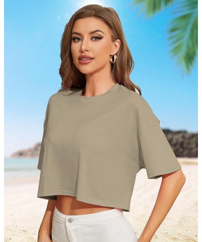 Womens Half Sleeve Drop Shoulder Round Neck Loose Fit Solid Color Crop Tops Khaki $10.59 T-Shirts