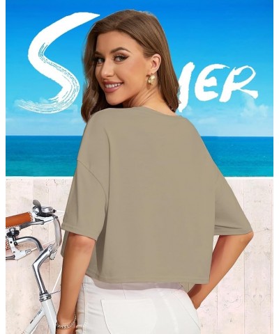 Womens Half Sleeve Drop Shoulder Round Neck Loose Fit Solid Color Crop Tops Khaki $10.59 T-Shirts