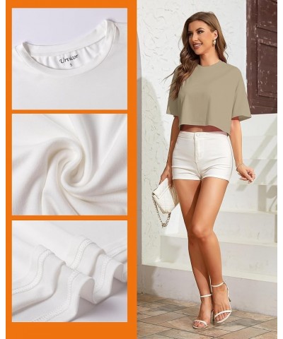 Womens Half Sleeve Drop Shoulder Round Neck Loose Fit Solid Color Crop Tops Khaki $10.59 T-Shirts