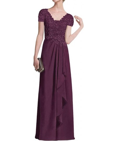 Mother of The Bride Dresses Long Evening Formal Dress Lace Applique Short Sleeve Ruffles Grape $36.26 Dresses